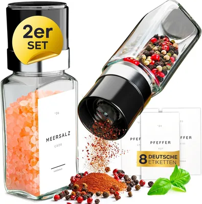 Produktbild von Havenhaus Salz und Pfeffermühle mit Keramik Mahlwerk stufenlos verstellbar | 2x kleine Gewürzmühle [120ml] ideal für Tisch & Küche | Modernes Salz Set