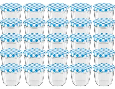 Produktbild von WELLGRO Einmachgläser blau kariert 230ml mit Schraubdeckel - 230 ml, 8,5 x 6,5 cm (ØxH), Glas / Metall, blau karierte Deckel To 82, Gläser  Germany, verschiedene Mengen wählbar, Stückzahl:25 Stück