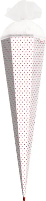 Produktbild von Bastel-Schultüte groß weiß - rote Punkte 85 cm - 6-eckig Rot(h)-Spitze und Tüllverschluss weiss