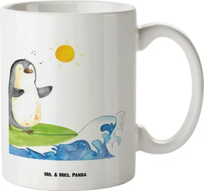 Produktbild von Mr. & Mrs. Panda Riesenkaffeetasse Pinguin Surfer - Weiß - Geschenk, Portugal, Pott, Urlaub, Hawaii, Haferl, Jumbo Tasse, Keramiktasse, Große Mit Henkel, Motiviert