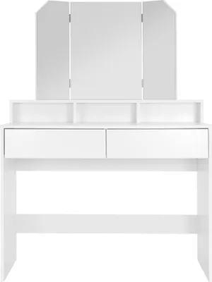 A white vanity table with a tri-fold mirror and two drawers, set against a white background.