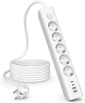 Produktbild von Mehrfachsteckdose mit 5 Steckplätzen – 9-in-1 Mehrfachsteckdose mit USB-Anschlüssen – 3680 W Steckdosenleiste mit Schalter – Wandmontage – 1,8 m Kabel
