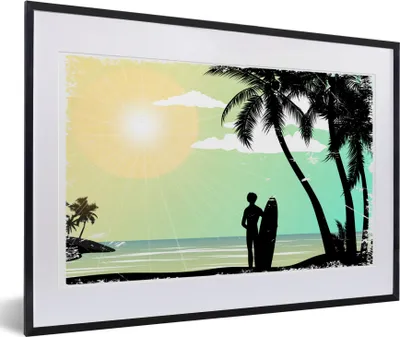 Produktbild von MuchoWow® MuchoWow® Gerahmtes Poster Strand - Palme - Sonne - Surfbrett 60x40 cm - Poster mit zchwarzem Bilderrahmen - Schlafzimmer - Plakat in Rahmen - Drucken
