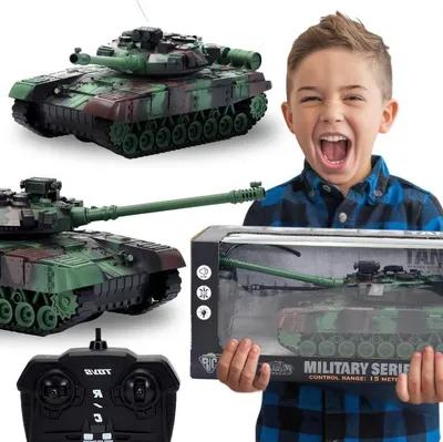 A child is excitedly holding a toy tank in its packaging, with other views of the toy tank and its remote control shown.