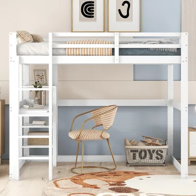 Productafbeelding van Hoogslaper kinderbed 140 x 200 cm met bureau en 4 opbergvakken, bedframe met opbergruimte, gemaakt van grenenhout, wit