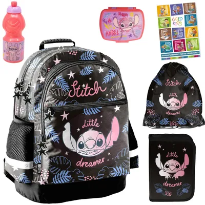 Produktbild von Schulranzen für Jungen und Mädchen, 6er-Set - Schul-Rucksack für Kinder mit Federmäppchen - Schuhbeutel Trinkflasche und Brotdose- Stitch Motiv
