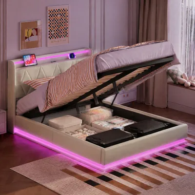 Obrázek produktu pro Postel INONEFT, čalouněná, s úložným prostorem, rozměry 140x200 cm, s LED osvětlením a USB porty, hydraulický mechanismus, úložný prostor pod postelí, rošt, materiál: samet, barva: béžová
