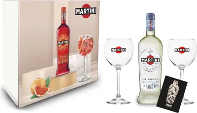 Produktbild von Martini Bianco Geschenkset - Wermuth 0,75L (14,4% Vol) + 2x Ballon Glas / Gläser-Set + Geschenkbox - [Enthält Sulfite]