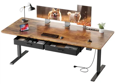 Obrázek produktu pro Elektricky výškově nastavitelný psací stůl - 140x80 cm - Stojací/sedací stůl - Robustní kovová konstrukce - Integrovaná zásuvka - Šuplík - Pro kancelář a hraní - Hnědá barva