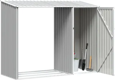 An open metal storage shed with gardening tools inside.