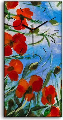 Produktbild von Wanduhr Bürouhr Leinwand Bild 30x60 Rote Mohnblumen Kunst Feld Landschaft - schwarze Hände