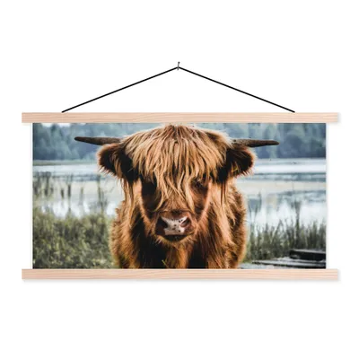 Produktbild von MuchoWow® Textilposter Kühe - Schottische Hochlandbewohner - Braun - Natur 120x60 cm mit holzfarbenen Rahmen - Klemmleiste