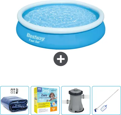 Produktbild von Bestway runder aufblasbarer Fast-Set-Pool – 366 x 76 cm – Blau – im Lieferumfang enthalten Sonnensegel - Wartungspaket - Pumpe - Reinigungskit