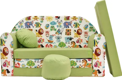 Produktbild von All4All Kindersofa Klappsofa, Schlafsofa 3in1, Velo, Spielsofa für Kinder, Sofa zum Aufklappen, mit Pouf, faltbar, zum Schlafen – Schaumstoff Sofa (Z5 Grün + Tiere)