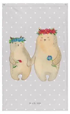 Produktbild von Mr. & Mrs. Panda Wandteppich Bären mit Blumenkranz - Grau Pastell - Geschenk, Boho, Mutter, Lieblingsmensch, Muttertag, Bär, Wandbild, Tapestry, Mama, Hängedeko, Gobelin