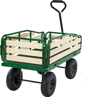 Produktbild von SucceBuy Handwagen für Kinder, 102 cm Bollerwagen, Transportwagen mit Schiebestange, aus Holz und Metall, bis 150 kg belastbar, geeignet für Kinder ab 5 Jahren, ideal für Garten, Ausflüge und Strand, in Grün und Gelb