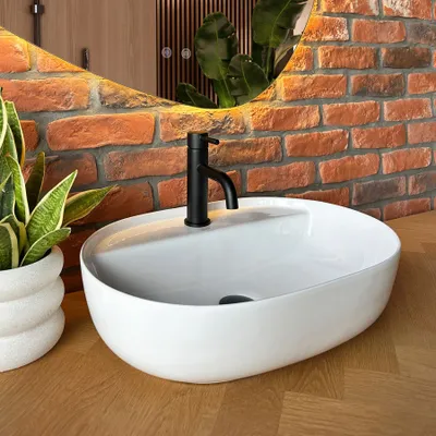 A white vessel sink with a black faucet is shown on a wooden countertop, with a brick wall and plants in the background.