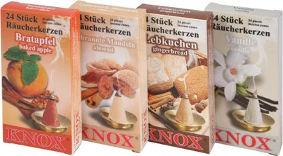 Produktbild von KNOX Räucherkerzen - 4er Set - Weihnachtsbäckerei - Bratapfel/Gebrannte Mandeln/Lebkuchen/Vanille - je 24 Stück