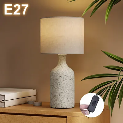 Produktbild von Tischlampe Vintage aus Keramik in Beige & Sand - Nachttischlampe Boho mit Textilschirm, E27 Fassung, Moderne Tischleuchte für Schlafzimmer & Wohnzimme
