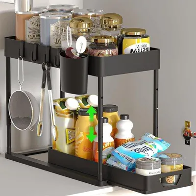 Produktbild von Küchenunterfach mit Ausziehbarer Schublade - 2 Ebenen - 4 Haken - Hängbecher - Edelstahl