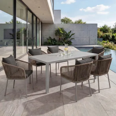 Produktbild von Gartengarnitur MCW-N41, Tisch+6xStuhl, wetterfest Alu 180x80cm, Seilgeflecht Rope grau, Kissen dunkelgrau