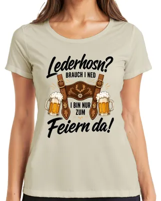 Obrázok produktu pre Kožená nohavica – tradičný odev. Dámske tričko s motívom "Lederhose" a "Dirndl", farba: prírodná, veľkosť: 3XL