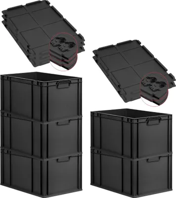 Produktbild von SuperSparSet 5x Eurobox NextGen Grip mit Scharnierdeckel und schwarzen Schiebeschnappverschlüssen | HxBxT 32x40x60cm | 65 Liter | Schwarz | Griffe geschlossen | Verstärkter Boden | Eurobehälter, Transportbox, Transportbehälter, Stapelbehälter
