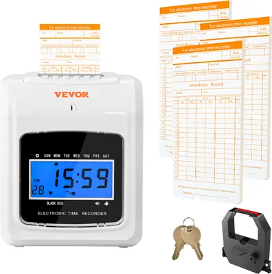 Produktbild von VEVOR Stempeluhr Stechuhr Zeiterfassung 102 Stempelkarten, Elektronisches Stempeluhr inkl. 2 Schlüssel + 1 Band, Weiße Elektronische Wandmontierte Stechuhr für Kleinbetriebe, Büros, Fabriken usw.
