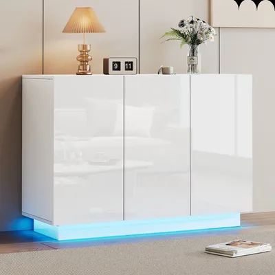 Produktbild von okwish Esszimmerschrank Küchenschränke Buffetschrank Sideboard Beistellschrank Foyerschrank Aufbewahrungsschrank Hochglanz Sockel LED-Licht,Weiß