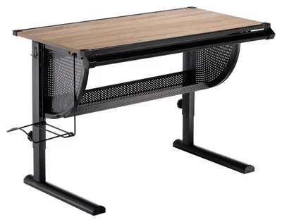 Produktbild von Kinderschreibtisch SARI höhenverstellbar in Sonoma Eiche /schwarz, Schreibtisch für Kinder neigbar mit Rille für Stifte, Schülerschreibtisch mit Ablage und Rucksackhalterung
