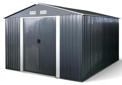 Produktbild von ALEOS. Gerätehaus Geräteschuppen 11m² 367x301x214 cm aus verzinktem Stahlblech Metall mit Doppelschiebetür Türhöhe 170cm Schuppen Gartenhaus