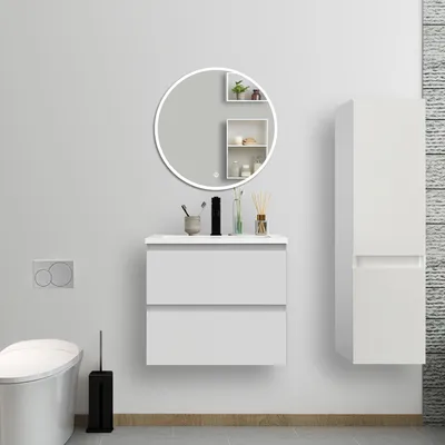 Image de Ensemble de meubles de salle de bain, 60*38,5*52cm, meuble avec vasque + miroir LED rond + meuble colonne 110cm, blanc