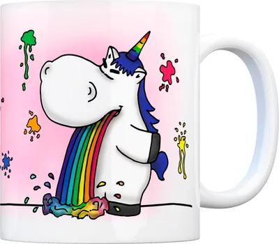 Produktbild von Honeycorns Kaffeebecher mit kotzendem Einhorn und Regenbogen Motiv Kaffeebecher