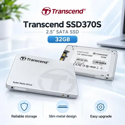 Produktbild von 32GB SSD Transcend SSD370S Festplatte 2,5 Zoll SATA Laptop Notebook Desktop PC, KI-generiertes Bild
