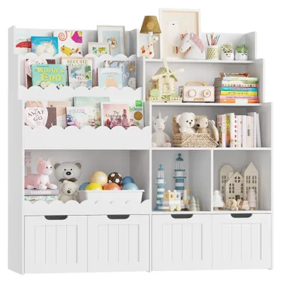 Image de Étagère pour enfants - Rangement de jouets - Étagère en bois à 3 niveaux - 6 compartiments ouverts - 4 tiroirs sur roulettes - 115,2 x 40 x 120 cm - Blanc