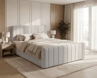 Obrázek produktu pro Postel s pružinovou základnou 180x200 Porto Bis s matrací H3, vrchní matrace a úložným prostorem - moderní styl, světle šedá barva, Obrázek vytvořený pomocí AI