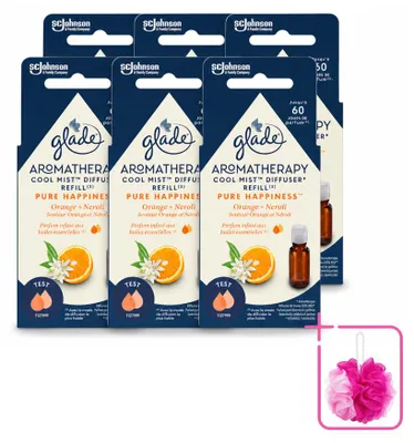 Imagen del producto de 6 unidades de recambio de ambientador Glade Aromatherapy, línea "Pure Happiness", con aroma a naranja y neroli, de 17,4 ml cada uno. Pack económico