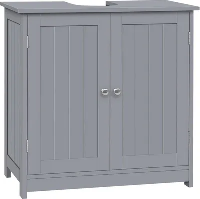 A grey bathroom vanity cabinet with two doors and two handles, shown from the front.
