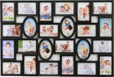 Produktbild von XL Bilderrahmen Collage für 24 Fotos 10 x 15 cm hoch und quer schwarz 86,5 x 58 cm Kunststoff mit 3D Optik einfache Wandmontage vertikal oder horizontal mit Abdeckscheiben
