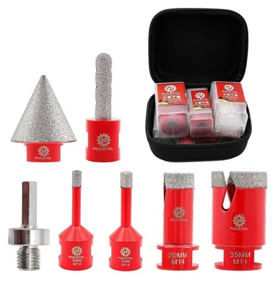 Obrázok produktu pre Sada diamantových vrtákov 7 kusov (6/8/20/35 mm, 10 mm fréza, 35 mm vrták na skosenie, adaptér) s závitom M14, určená na porcelán, keramiku, mramor a granit