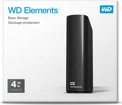The image shows the retail packaging of a WD Elements 4TB external hard drive.