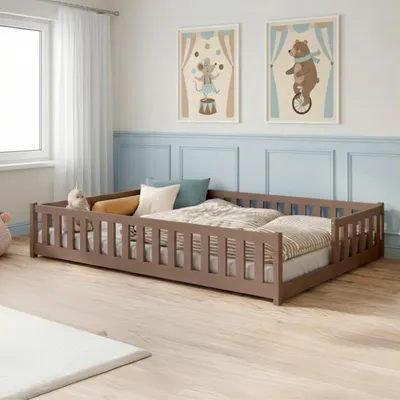 Produktbild von Kinderbett Bodenbett mit Rausfallschutz Lattenrost und Matratze Montessori Bett Bed Gitterbett Kinder Jugendbett Einzelbett | 140x200 cm | Kaschmir