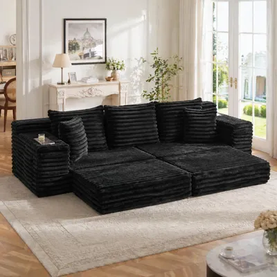 Produktbild von Cordstoff-Kompressionssofa Hohe Rückenlehne Zusatzkissen Seitentaschen Getränkehalter Schlafsofa Schwarz 273x98x87cm
