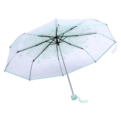 Zdjęcie produktu dla 1 sztuka przezroczystego parasola składanego, modny parasol w stylu księżniczki z motywem kwiatów wiśni, jasnozielony