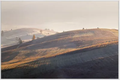 Produktbild von Wallario Wandbild Herbstliche Felder bei Sonnenaufgang, Größe: 61 x 91,50 cm, Poster mit weißem Aluminiumrahmen