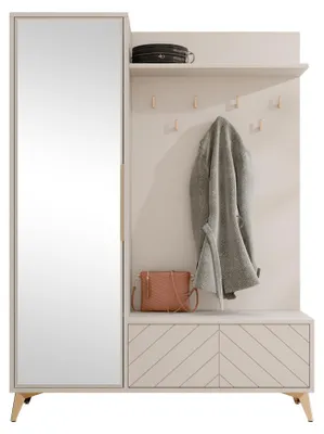 Produktbild von MIRJAN24 Garderoben-Set Xylix 1D1K, Garderobe mit eins Drehtüren + Spiegel mit Kleiderhaken (Farbe: Sandbeige)