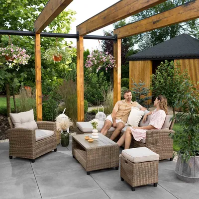 Produktbild von di volio Gartenmöbel DALMIA Beige, Outdoor Lounge Set mit Couchtisch für 6 Personen, Gartenlounge aus wetterfesten Materialien, für Terrasse & Balkon