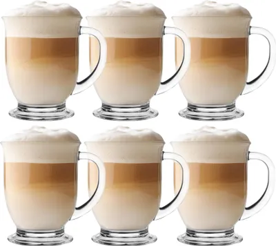 Produktbild von Glasmark KROSNO 1992 Kubas Kaffeegläser-Set 6-teilig mit Griff Cappuccino Eiskaffee Gläser Becher Spülmaschinenfest 6x400 ml
