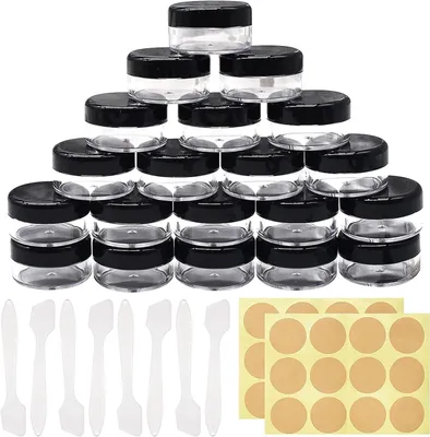 Imagen del producto de Envases de plástico de 20 ml, paquete de 20 unidades, con mini espátulas y etiquetas autoadhesivas, para cosméticos
