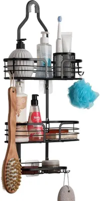 Imagen del producto de Estante de ducha colgante  Unyqoos®, de metal, con 3 compartimentos, soporte para jabón y 2 ganchos, resistente a la corrosión, se cuelga sobre la ducha, con capacidad de carga de hasta 15 kg